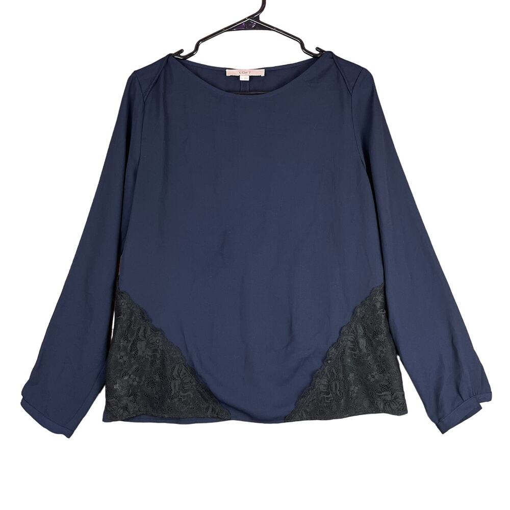 Ann Taylor LOFT Womens Blouse Navy Blue Black Lace Accents Long Sleeve Small